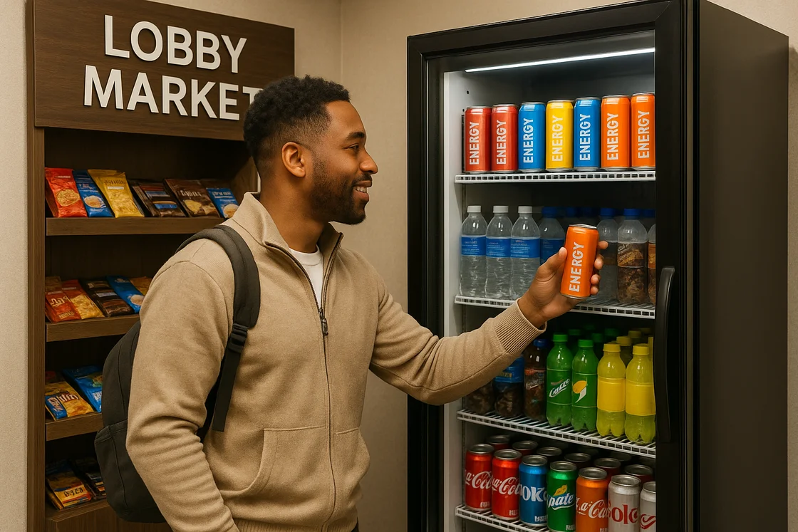 Hotel guest browsing a GrabScanGo lobby market beverage shelf