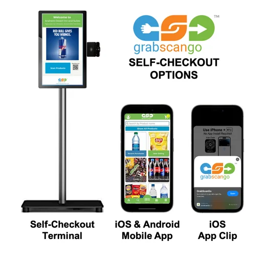 GrabScanGo checkout options: self-checkout terminal, mobile app and iOS App Clip.