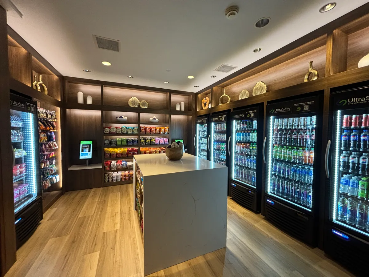 GrabScanGo lobby market at the Westin Pasadena, with stocked shelves, coolers and self-checkout