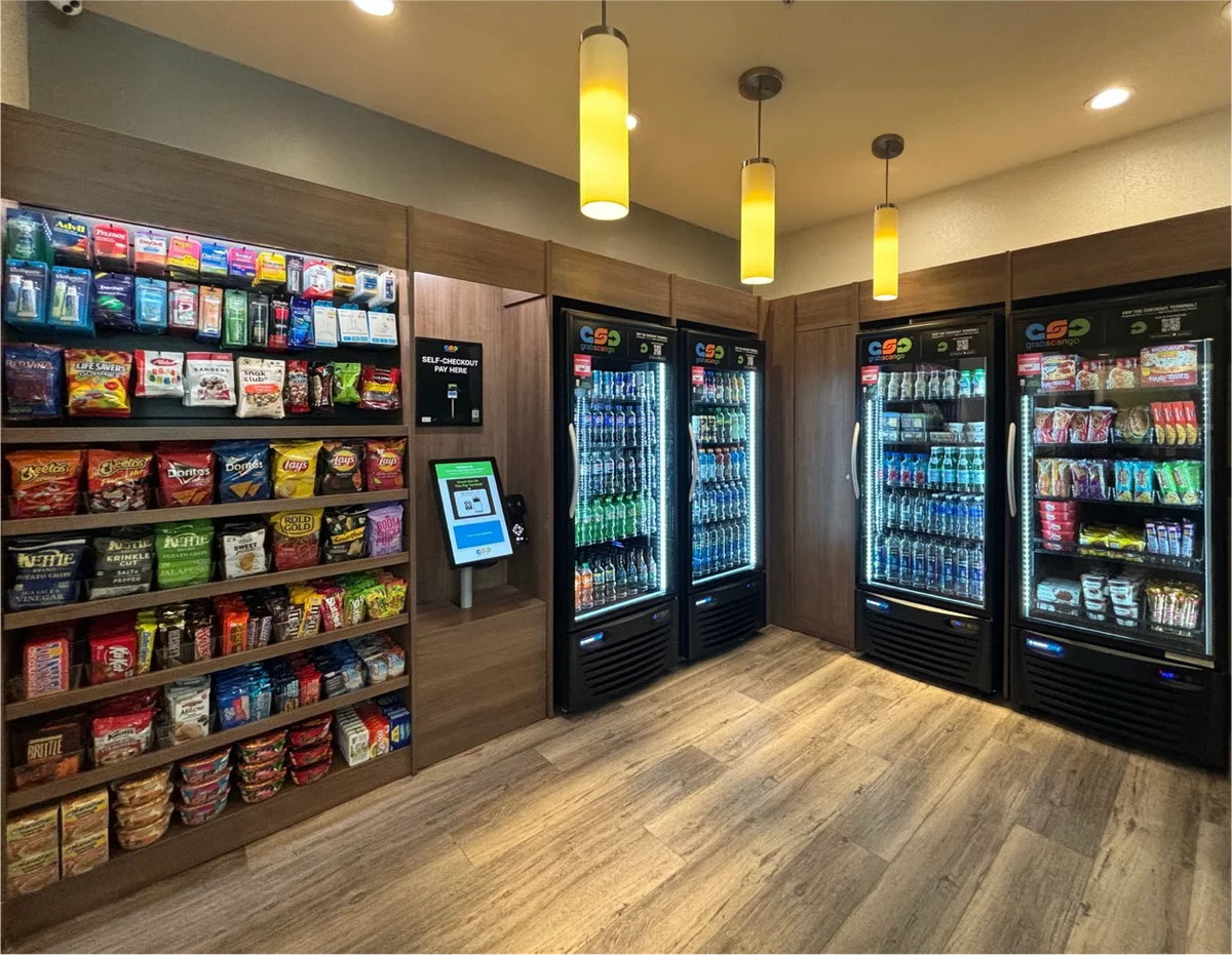 Hotel lobby market with refreshments and self-service checkout