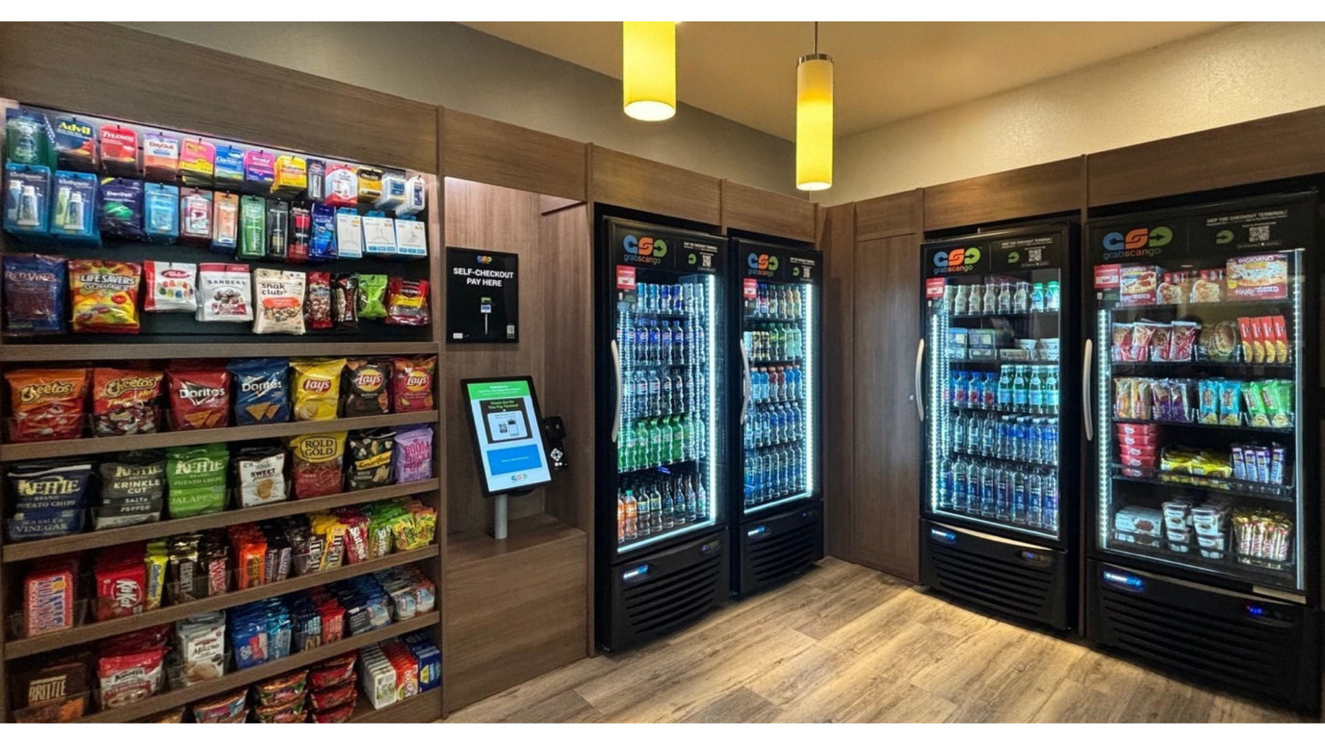 A fully stocked GrabScanGo lobby market
