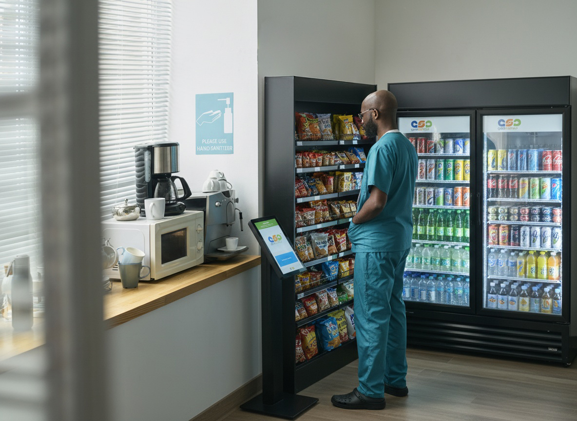 Healthcare worker choosing snacks in break room